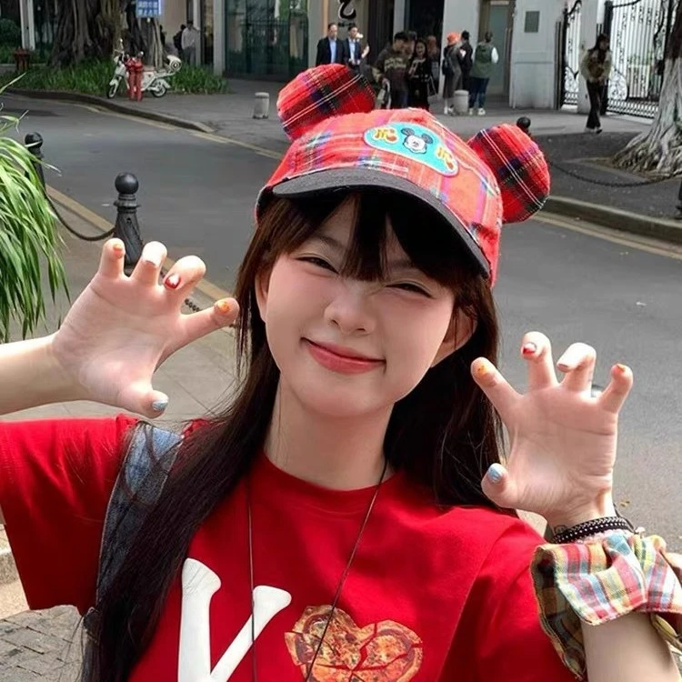 爆款可爱高颜值甜心格子卡通鼠鼠帽女复古格纹大头围显脸小棒球帽