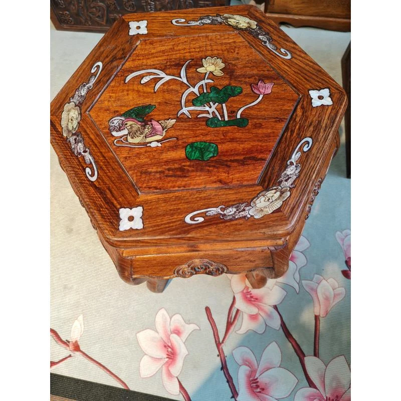花梨木螺钿镶嵌六角凳矮花架 底座