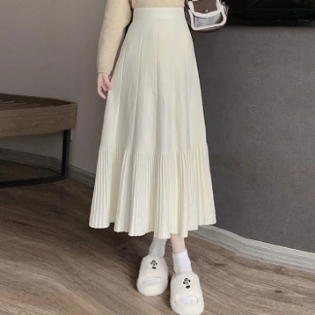 高腰显瘦针织半身裙百搭气质裙子春秋春夏A字时尚百褶裙白色