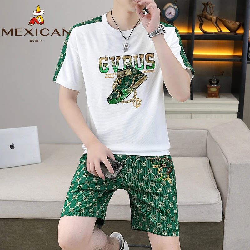 Mexican/稻草人男士休闲套装运动薄款清凉夏季百搭短袖T恤两件套