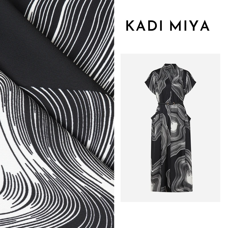 KADIMIYA【巴塞尔画廊】法式黑白线稿连衣裙原创V领设计高端中长裙