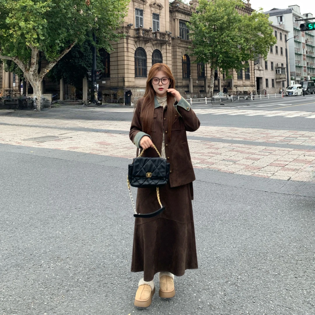 盈盈&南岛风大码女装牛仔拼接麂皮绒外套胖mm显瘦半裙套装ZYY2287