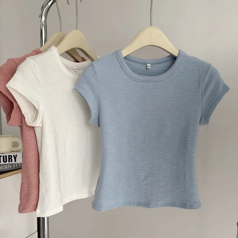 韩系正肩短袖T恤女夏季2025新款修身韩版打底衫内搭短款半袖上衣