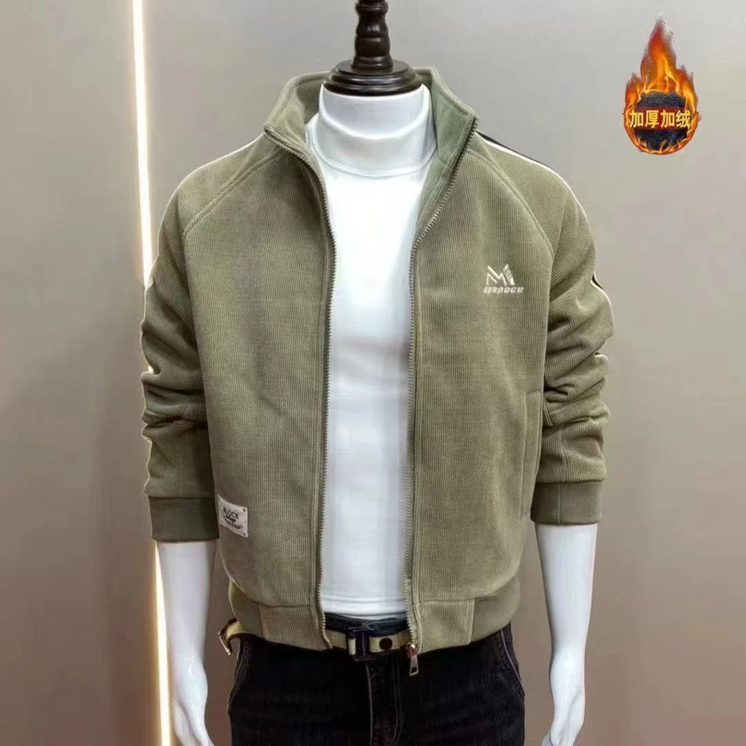 2025秋冬新款加绒刺绣保暖百搭修身帅气立领男士夹克潮流外套外衣