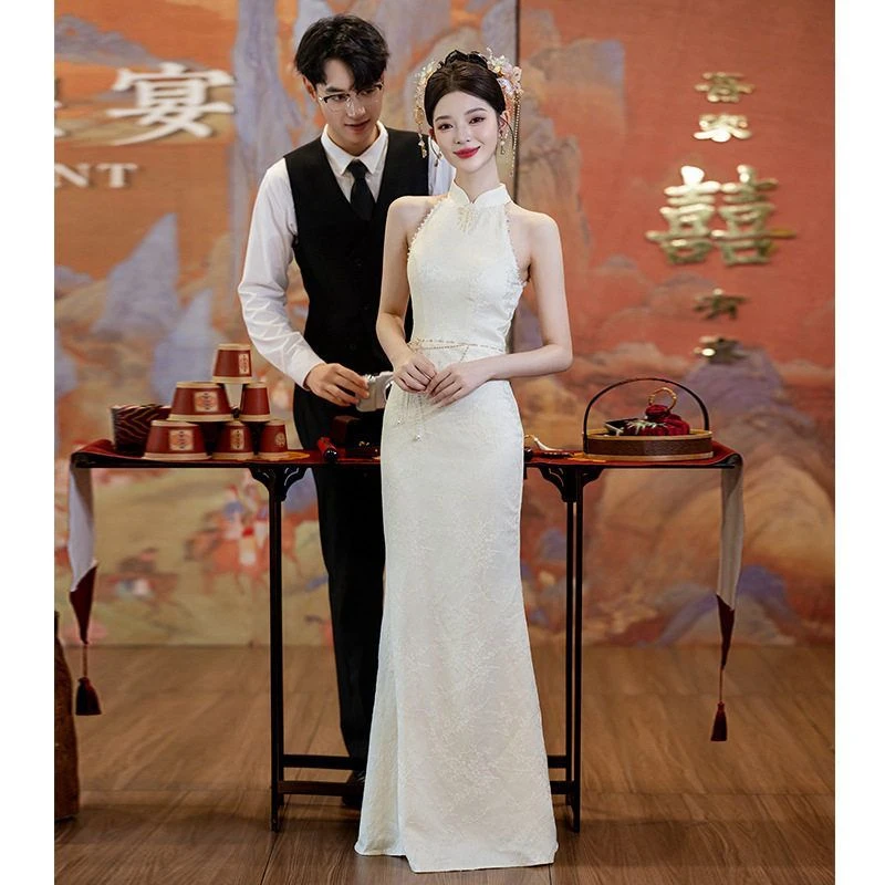 春夏高贵米白色新娘订婚旗袍新中式高级感显瘦法式敬酒鱼尾裙礼服