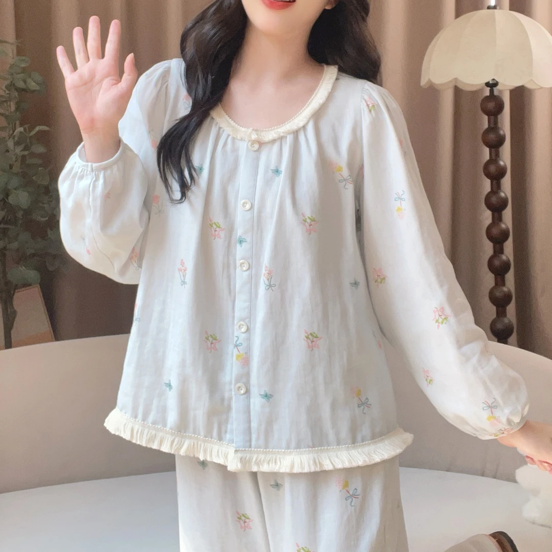 【6016浅蓝】秋季甜美长袖纯棉可外穿公主家居服睡衣宽松睡衣套装