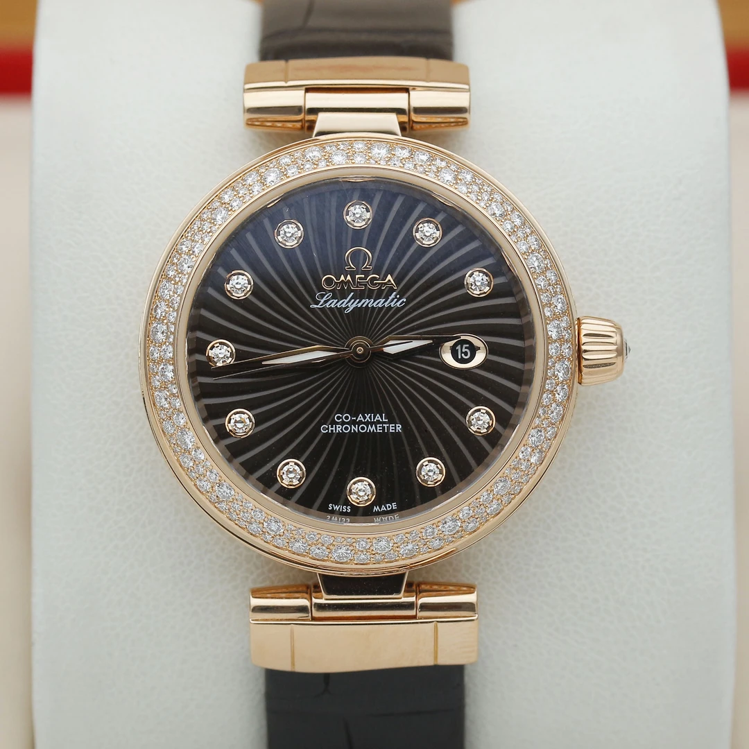 99新 Omega/欧米茄  碟飞系列18K玫瑰金原钻咖盘自动机械女表34mm