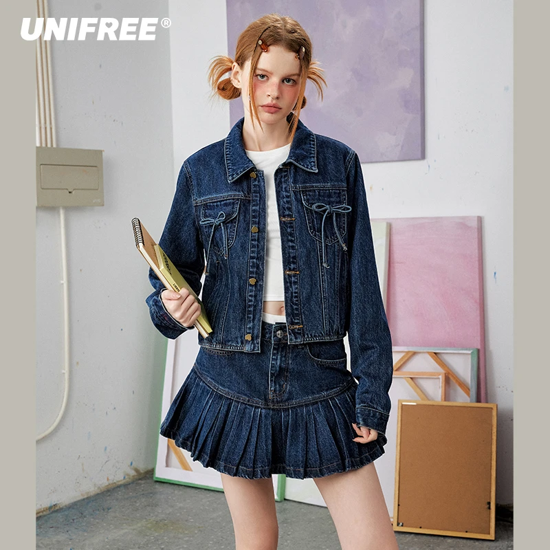 unifree【25年春】（多）牛仔外套蝴蝶结美式复古宽松百搭短款上衣