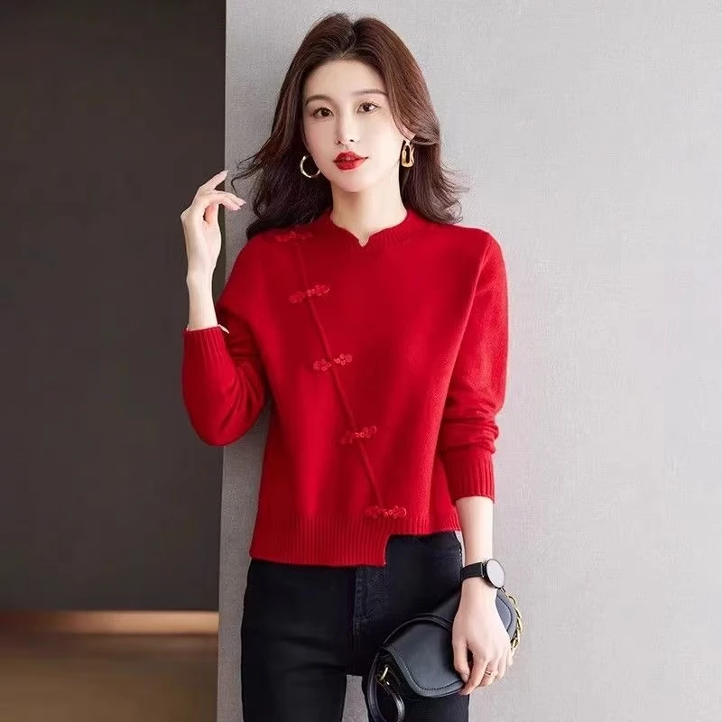 红色中式国风女装2025年秋冬新款盘扣针织衫毛衣洋气显瘦时尚上衣