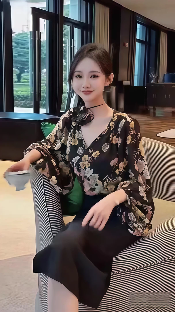 【勿忘宠粉】波点雪纺印花V领女小个子春季洋气短款设计感小众衬衣