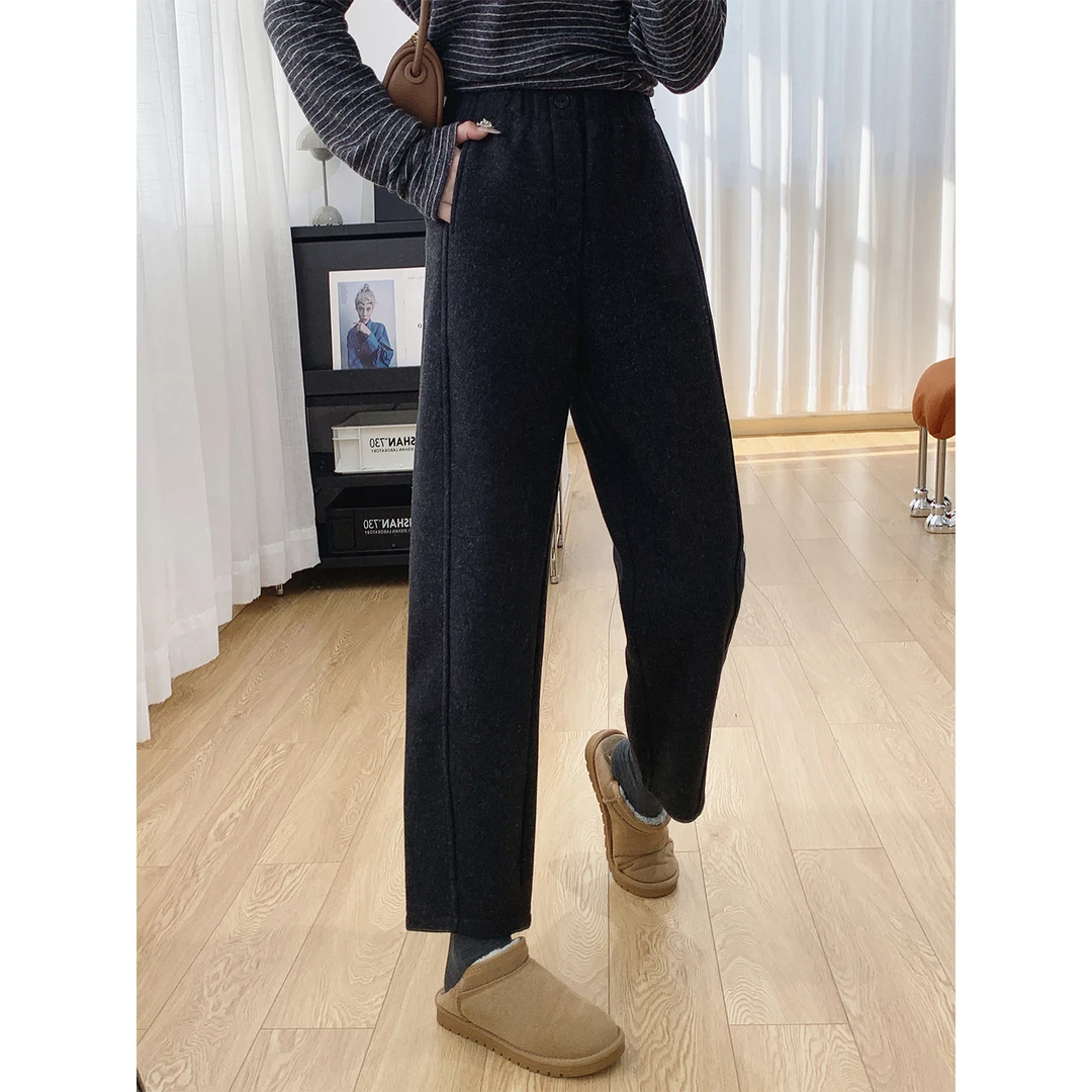 大码黑色毛呢高腰宽松垂感加绒阔腿裤女冬季款梨型显瘦直筒哈伦裤