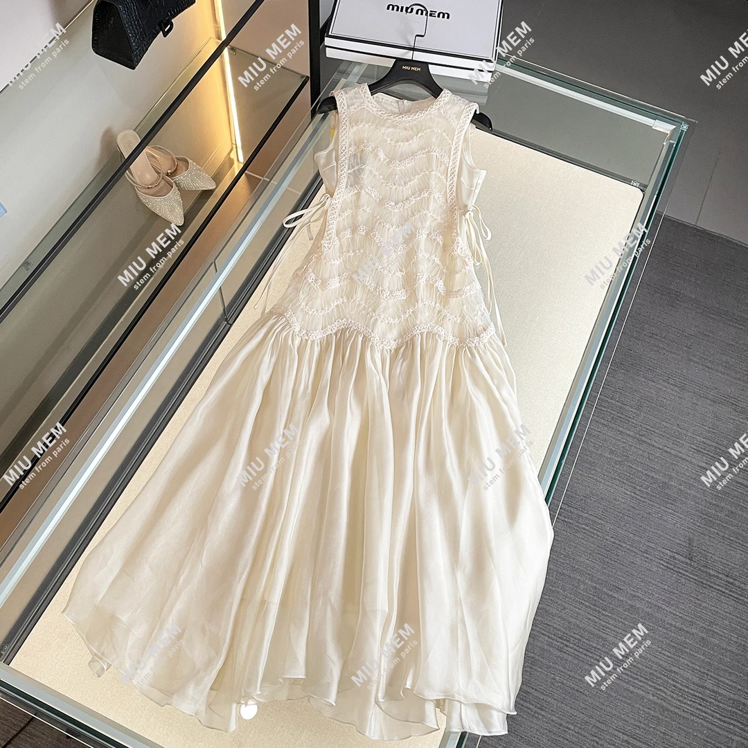MIUMEM25夏季新款度假风仙女蕾丝系带无袖长款连衣裙女DY6781