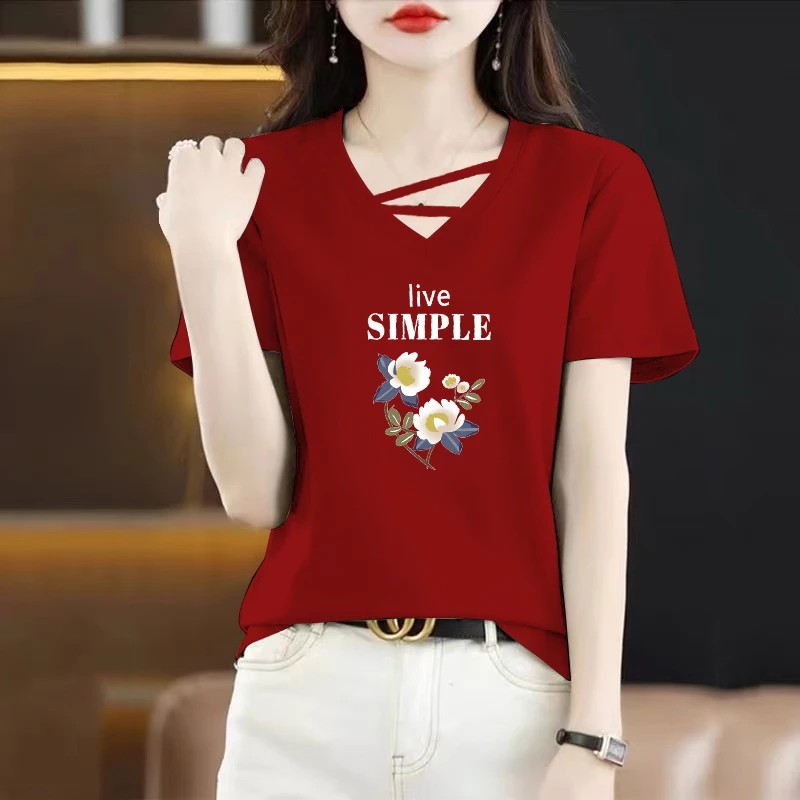 V领短袖t恤2025夏季新款时尚百搭上衣爆款显瘦韩版洋气女款体恤衫