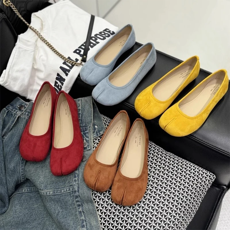 分趾猪蹄鞋夏季红色单鞋女平底新款复古温柔仙女风一脚蹬豆豆鞋子