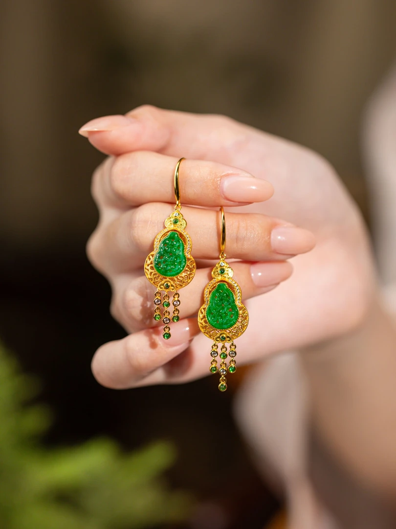 D-《翠卿瑶》原创翡翠葫芦香囊耳坠-AFC75930