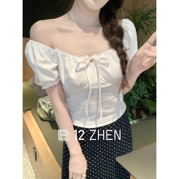 2025夏季韩版纯欲甜美方领褶皱泡泡袖蕾丝边系带设计感短袖T恤女