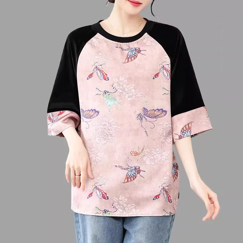 新中式国风t恤女士2025夏季新款时尚宽松大码遮肚子显瘦印花上衣
