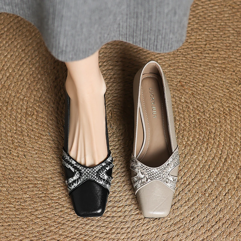 3CM-头层羊皮方头法式女单鞋秋季中跟一脚蹬法式方头中跟羊皮单鞋