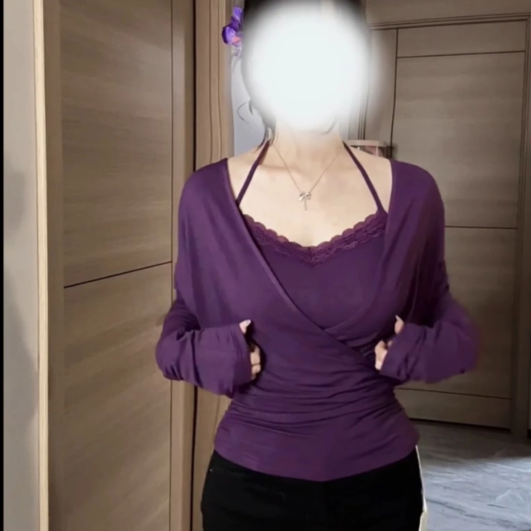 YIDENG春季新款辣妹纯欲大领口V领设计感长袖蕾丝挂脖吊带上衣