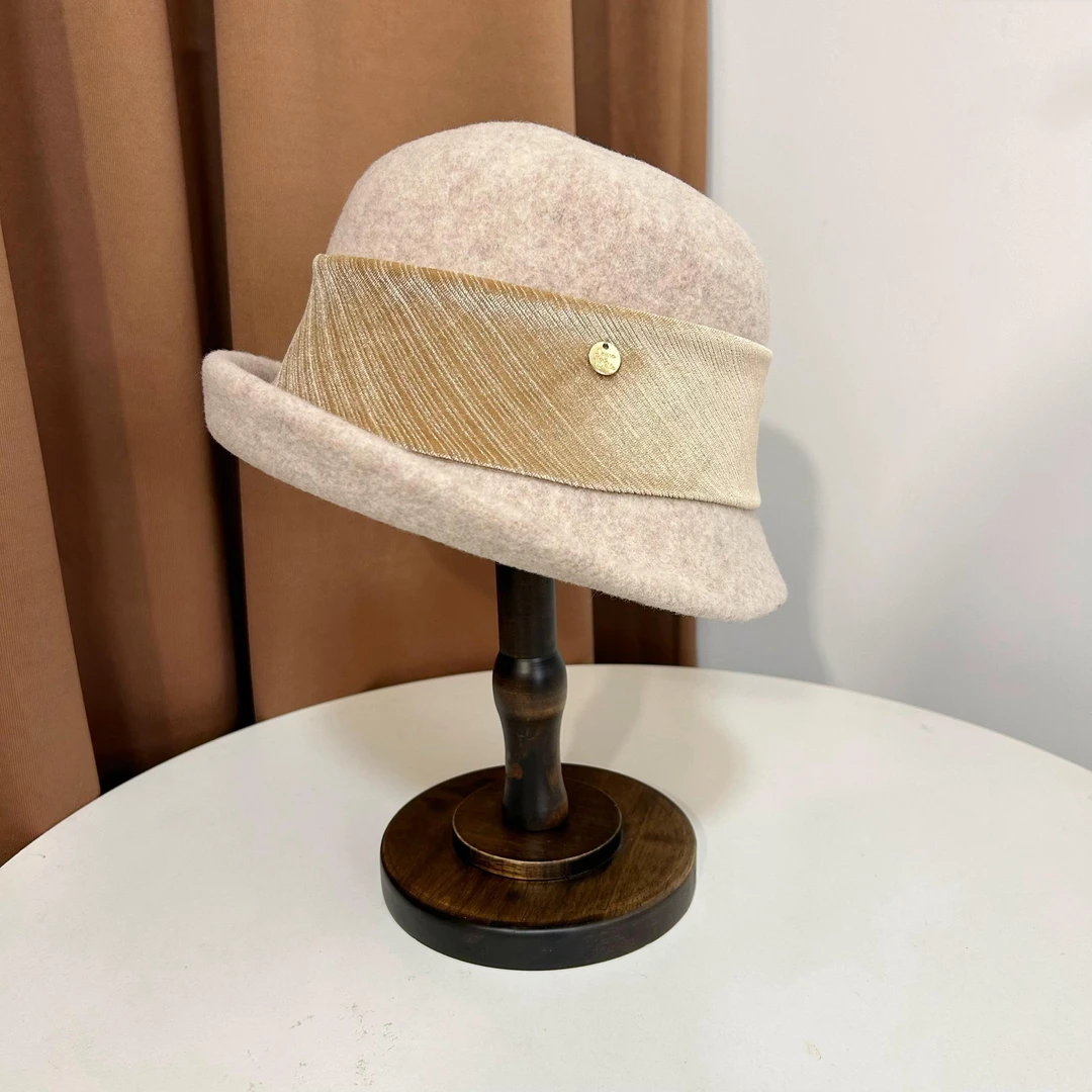 新款帽子女秋冬复古百搭羊毛渔夫帽优雅气质日系卷边盆帽可折叠