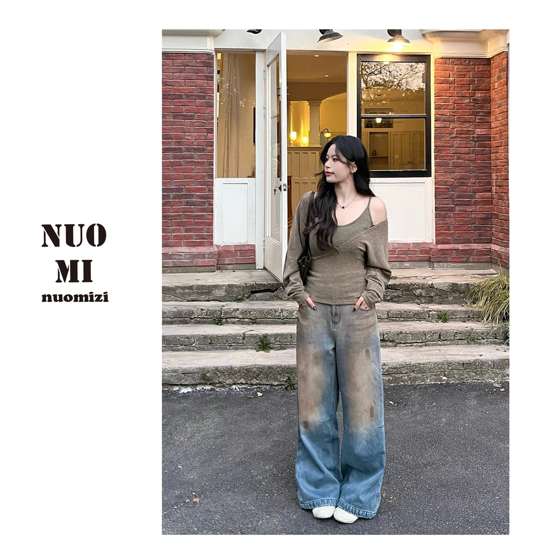 ZOZ糕冷圆脸[脏脏裤]新款辣妹加绒宽松做旧阔腿水洗直筒牛仔裤