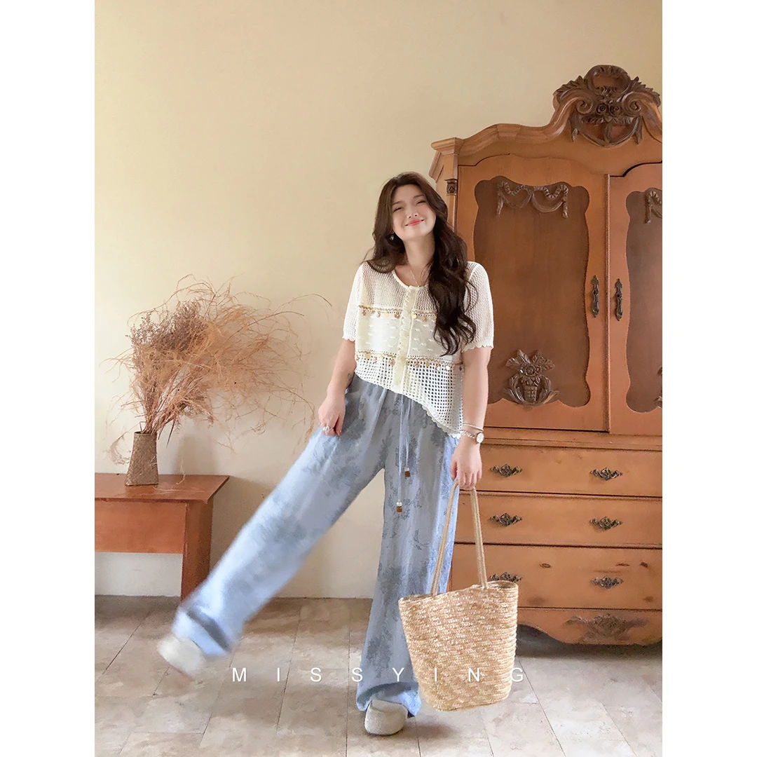 应小姐【贝缕谣】微胖大码夏季韩版显瘦百搭休闲风针织镂空拼接T恤