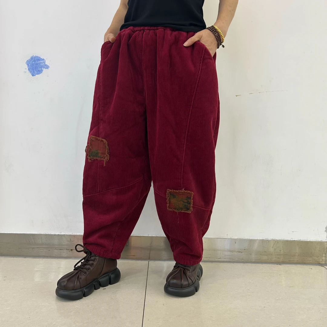 829秋冬加绒贴布宽松休闲灯芯绒老爹裤