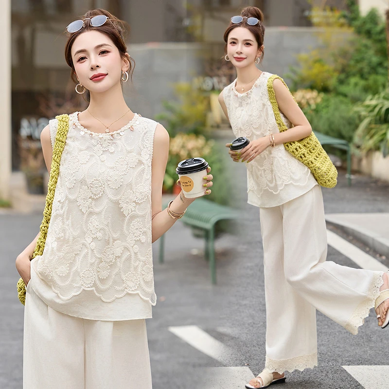 法式气质蕾丝马甲套装女2025夏季新款名媛风时尚百搭阔腿裤两件套