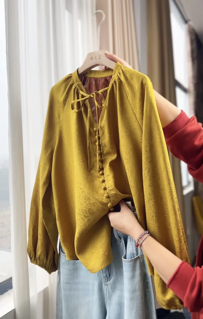 清仓【DY2105】樱美嘉100桑蚕丝提花花萝香云纱圆领衬衫新中式打底