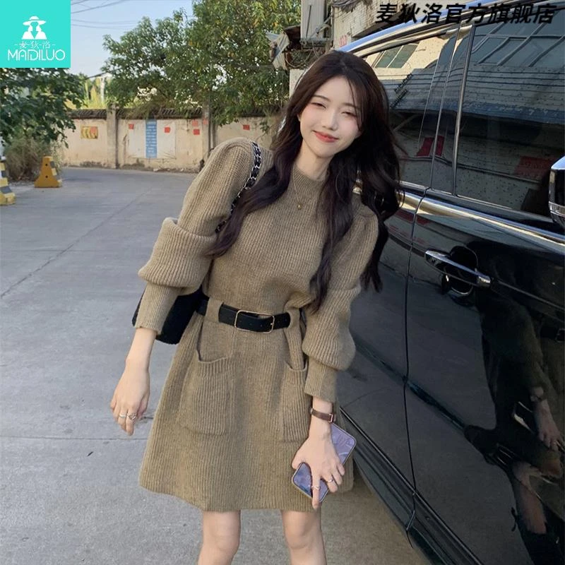 收腰泡泡袖针织毛衣连衣裙女秋冬小个子内搭打底法式裙子配大衣