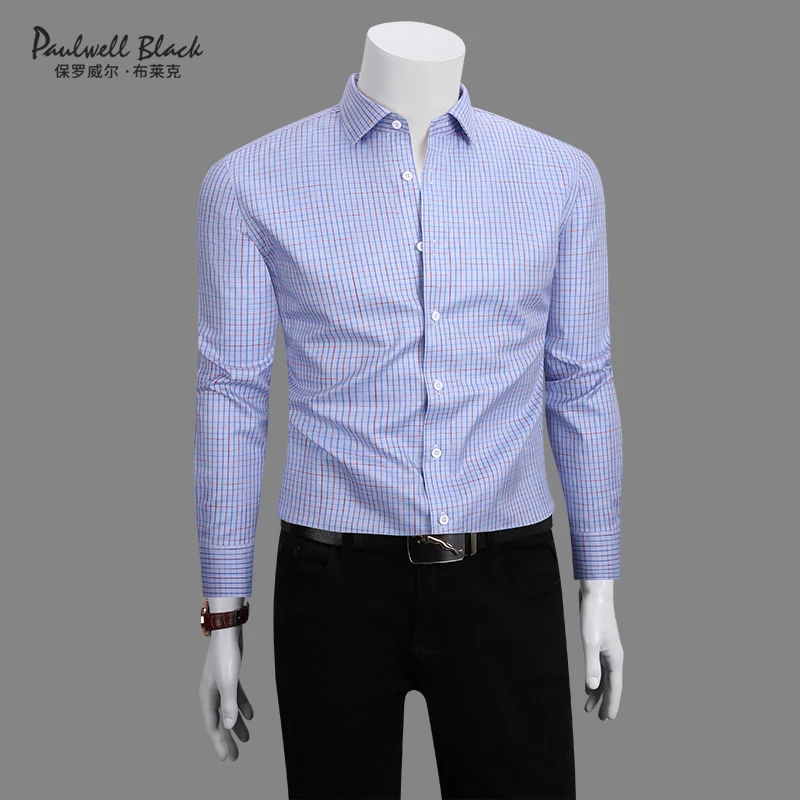 200支纯棉免烫格子衬衫男款秋季高档修身长袖商务休闲男士衬衣男
