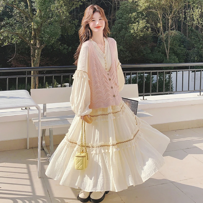 粉色甜美针织开衫马甲流苏连衣裙套装2025春季新款时尚两件套