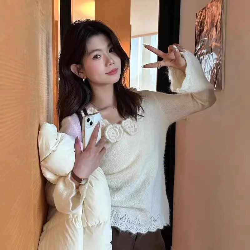 THE LIMON柠檬绿茶纯欲风立体花朵羊毛衣女士秋冬设计感毛针织衫