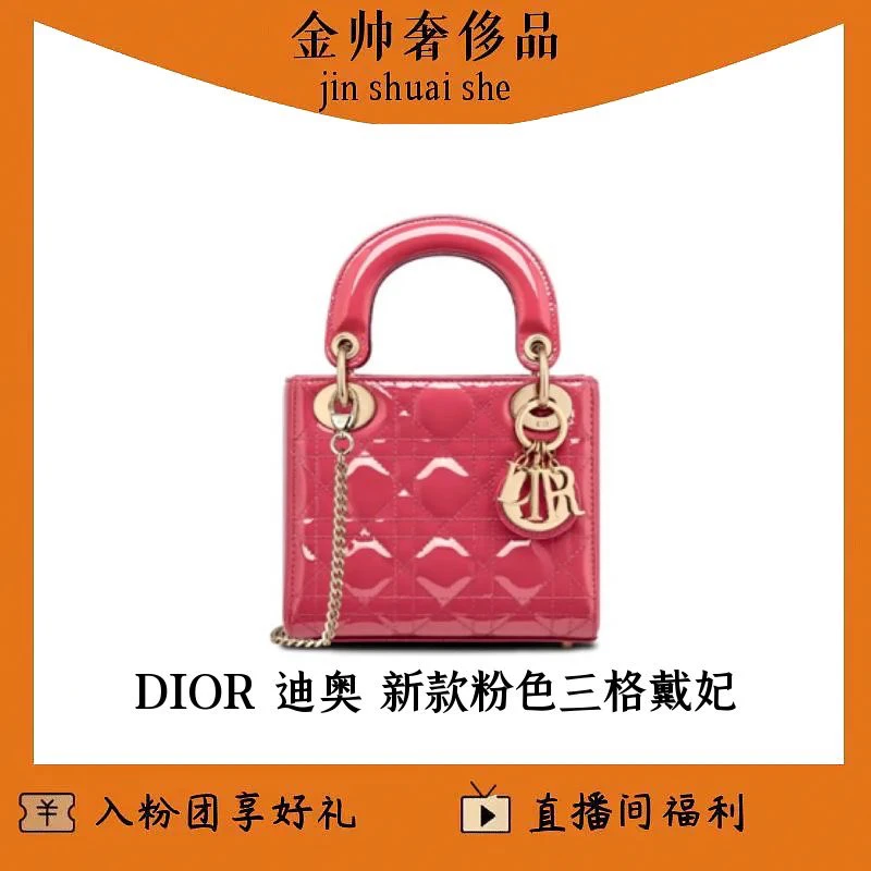 99新 DIOR/迪奥 新款/粉色/三格戴妃/漆皮/单肩包/B4734