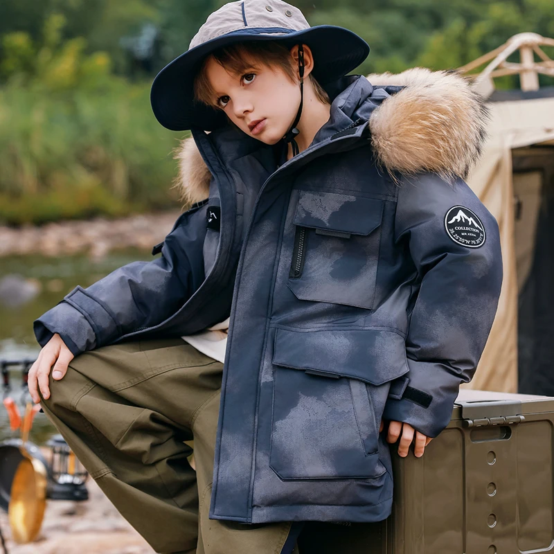 巴拉童年男童羽绒服中长款2025新款白鸭绒中大童冬装加厚外套冬季