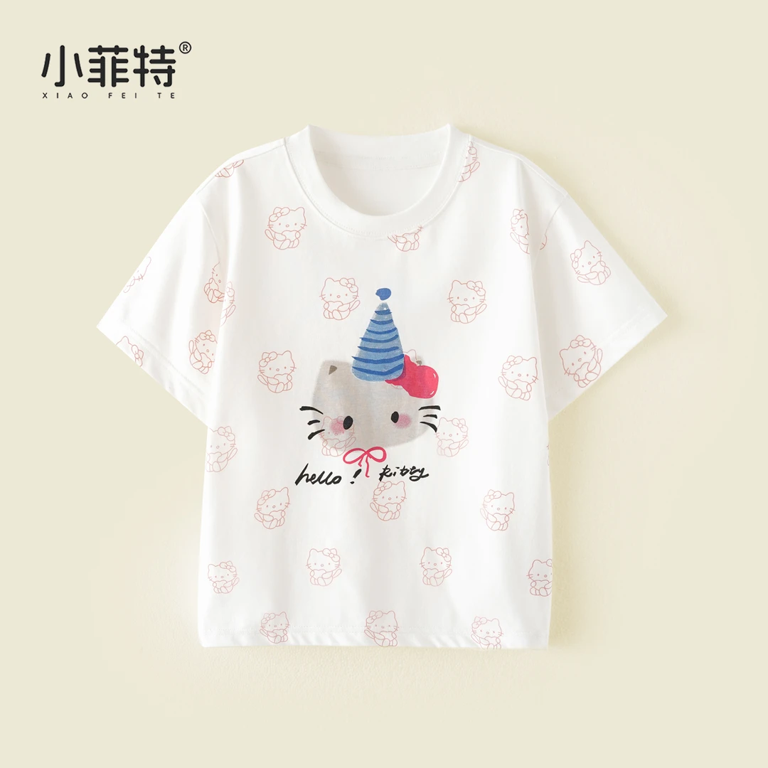 小菲特夏季新款女童可爱印花白色短袖t恤薄款圆领上衣YNYX51214