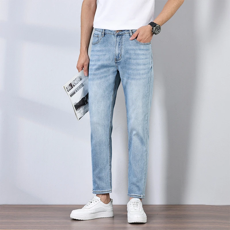 宸酥2025年春夏款弹力修身复古牛仔裤男士韩版潮流休闲小脚九分裤