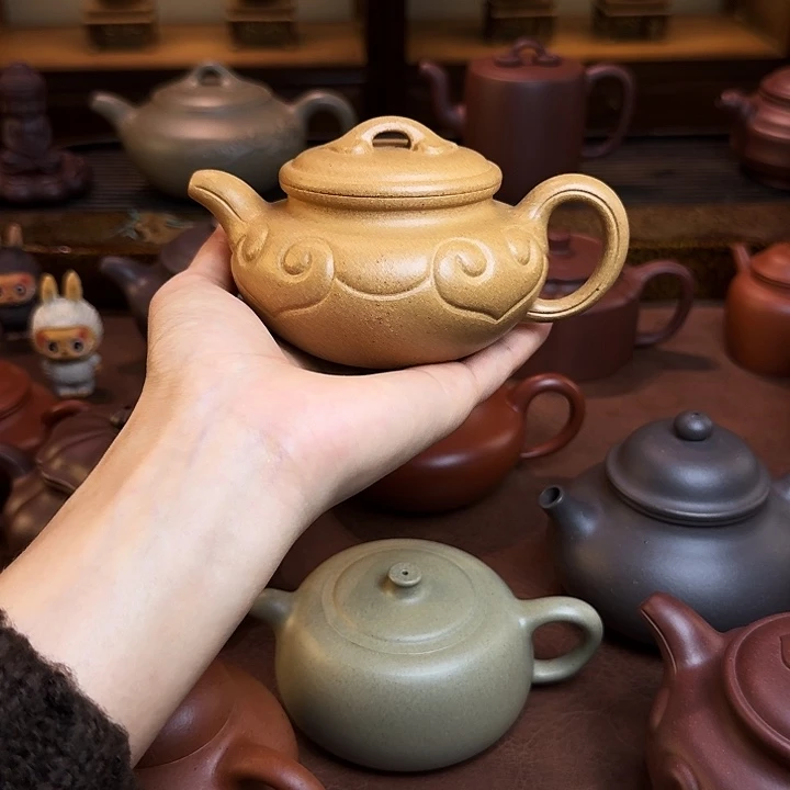 三***料紫砂茶壶仿古如意，黄金段