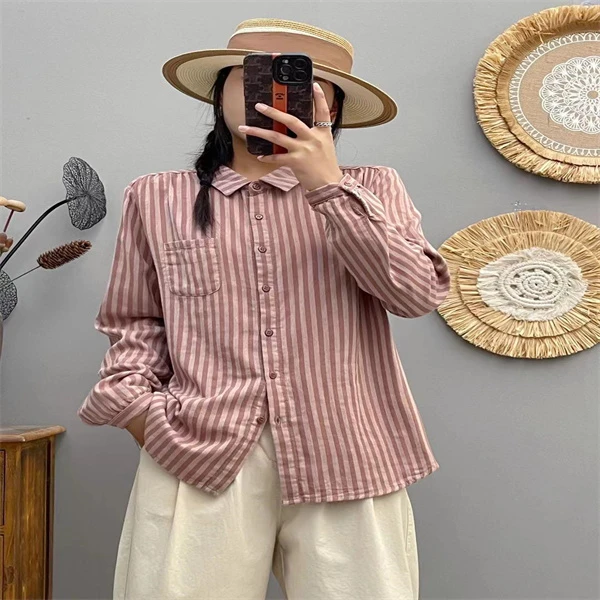 春季新款时尚文艺风条纹撞色长袖Polo领衬衫宽松显瘦柔软百搭上衣