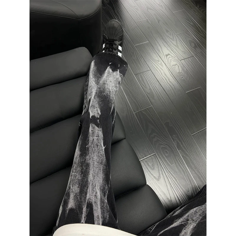 美式扎染vibe高街牛仔裤男款夏季设计感百搭潮牌潮流直筒微喇裤子