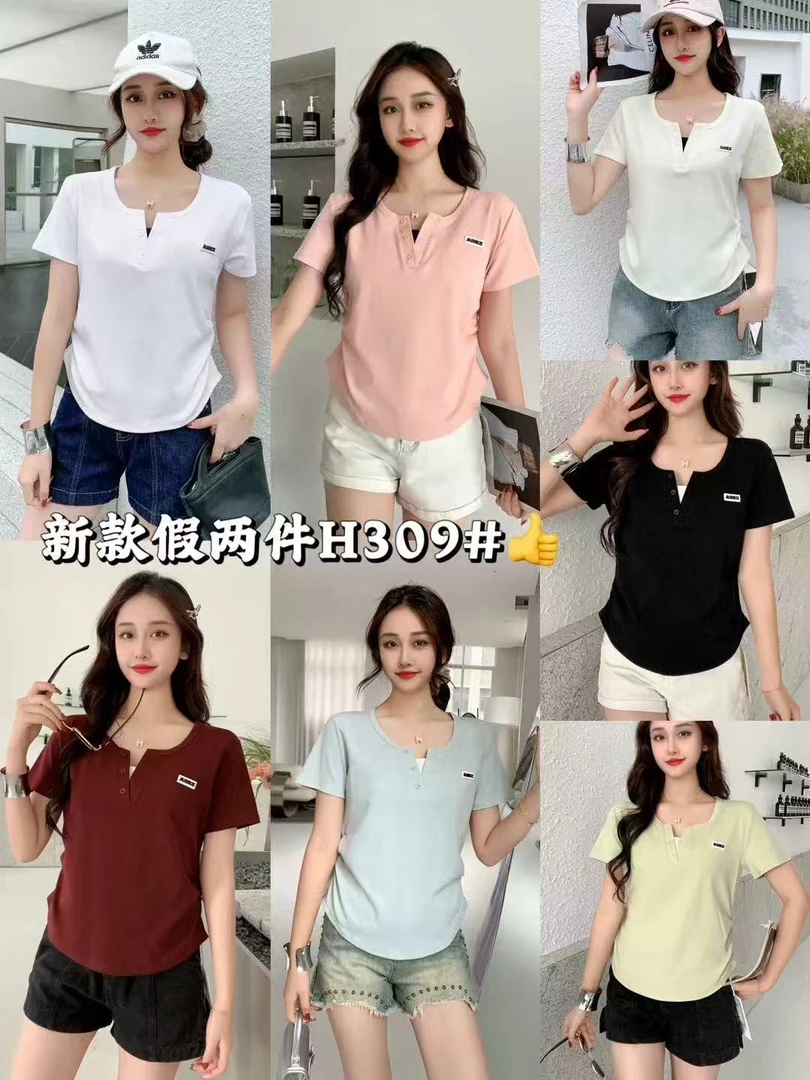 【熙小范】312假两件字母常规短袖短款通勤V领印花T恤圆领显瘦夏