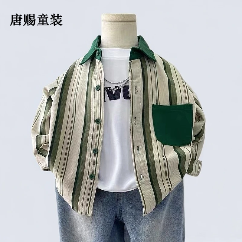 男童衬衫春秋2025痞帅风中小儿童春装长袖宝宝春季条纹薄外套洋气