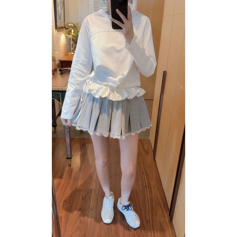 【张静芝】下摆木耳花边系带长袖T恤