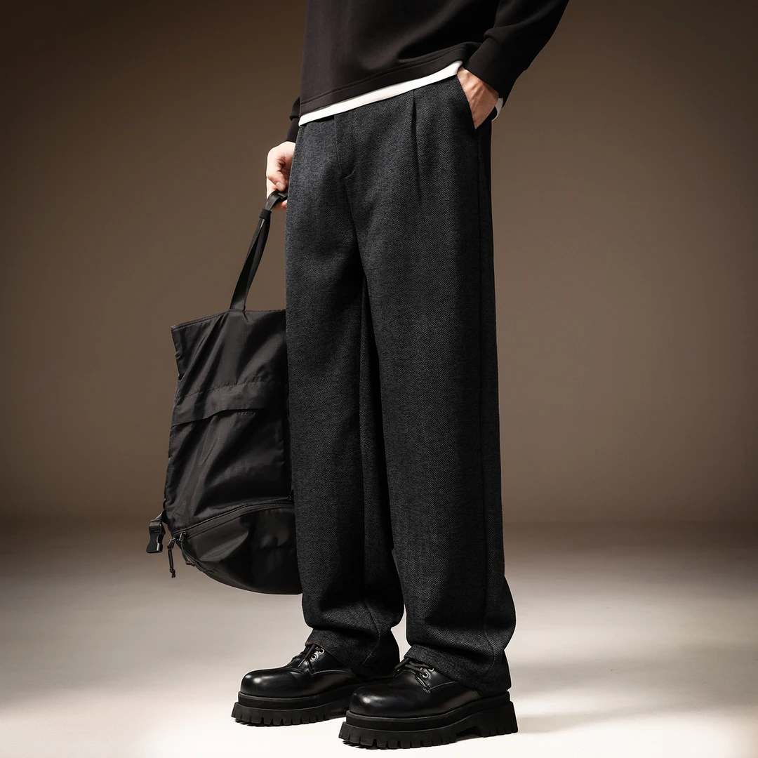 高端美式重磅含绵羊毛卫裤男冬季加绒老钱复古宽松直筒阔腿休闲裤