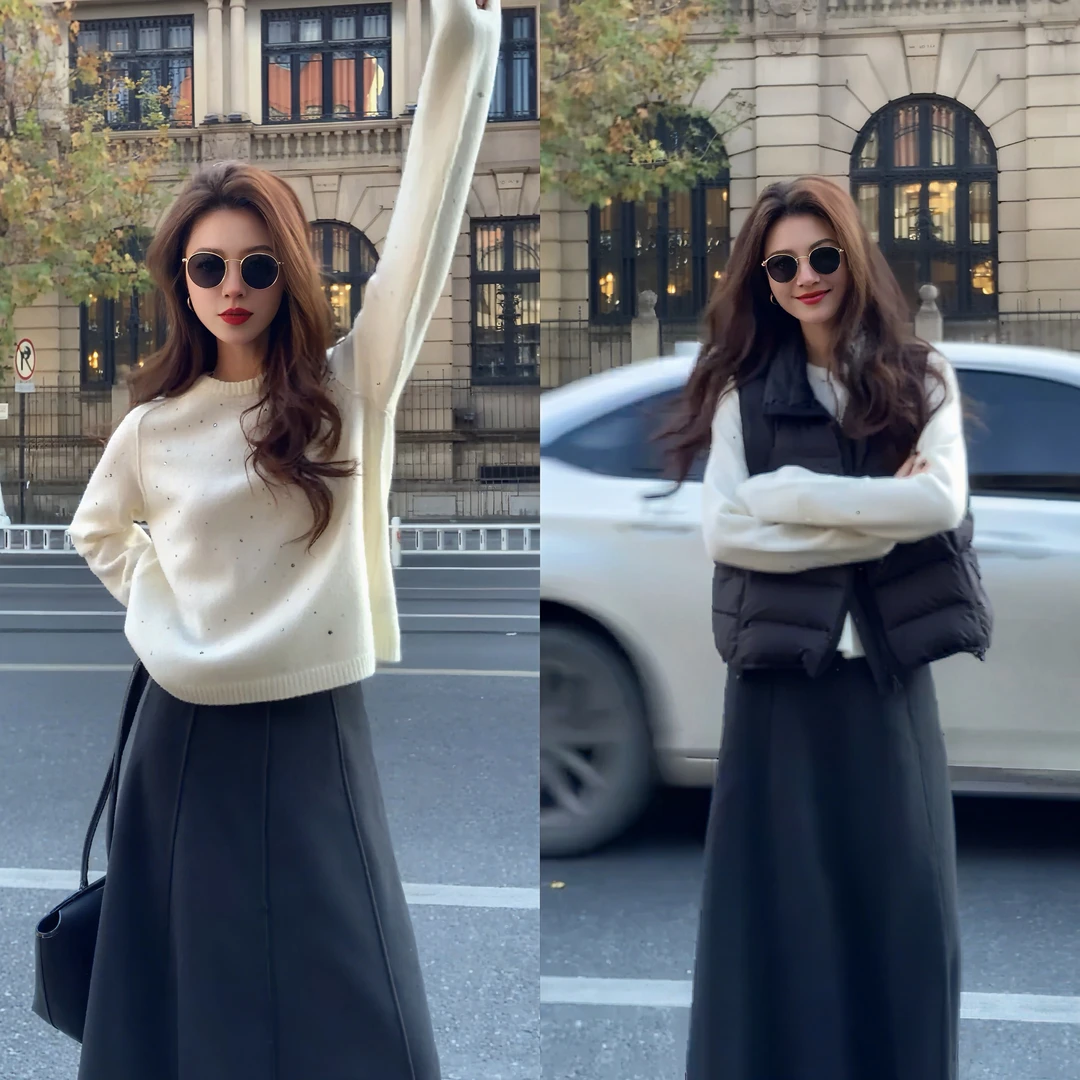 2025年冬季新款气质显瘦百搭打底衫休闲马甲气质半身裙时尚三件套