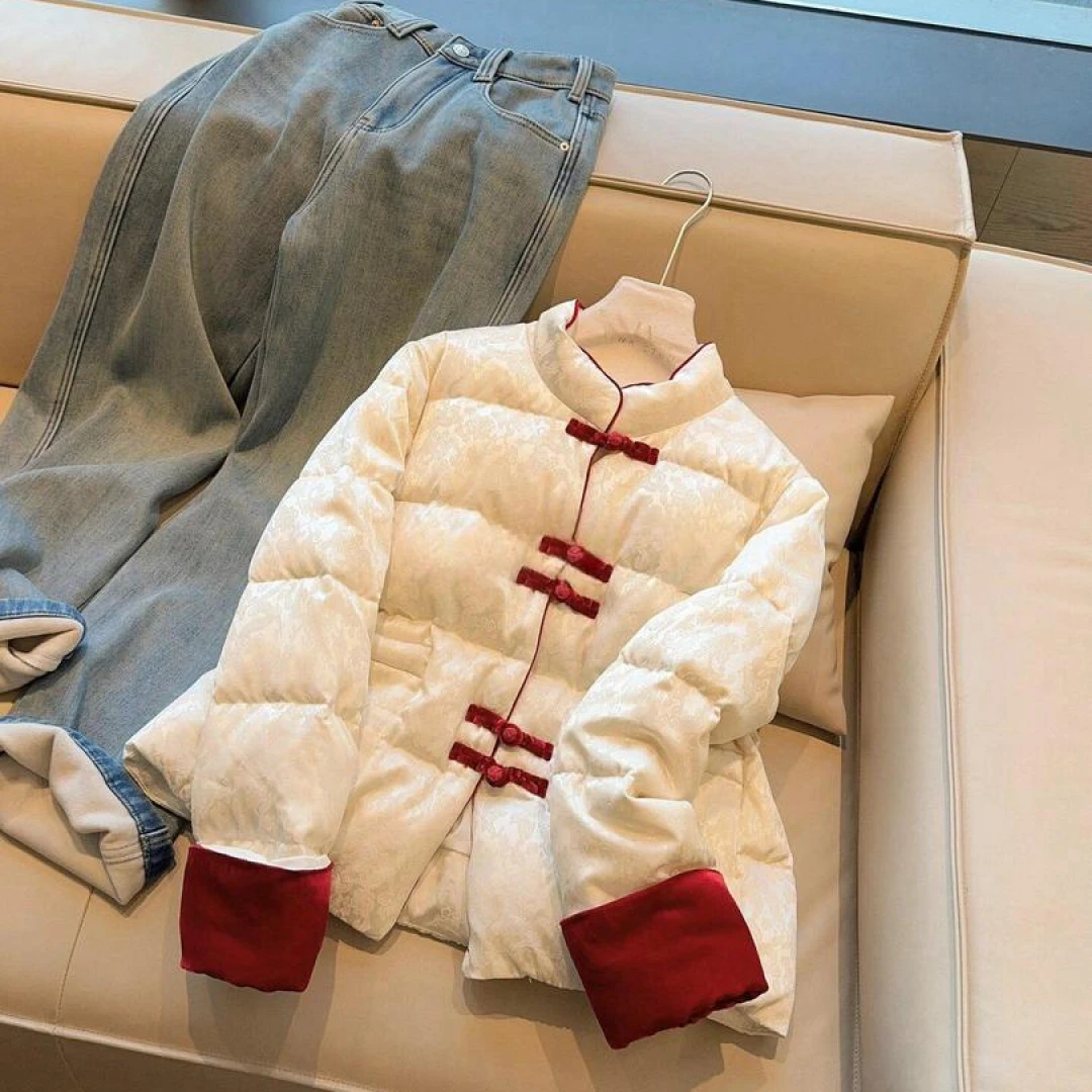 新中式撞色盘扣立领棉服外套女2025冬季新款宽松百搭时尚保暖棉衣