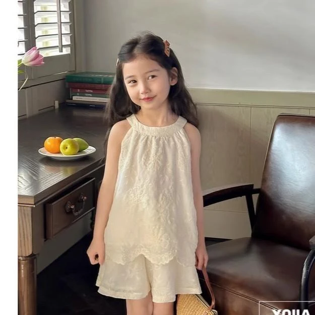 女童夏季套装2025新款洋气潮款童装儿童夏装吊带短裤蕾丝两件套