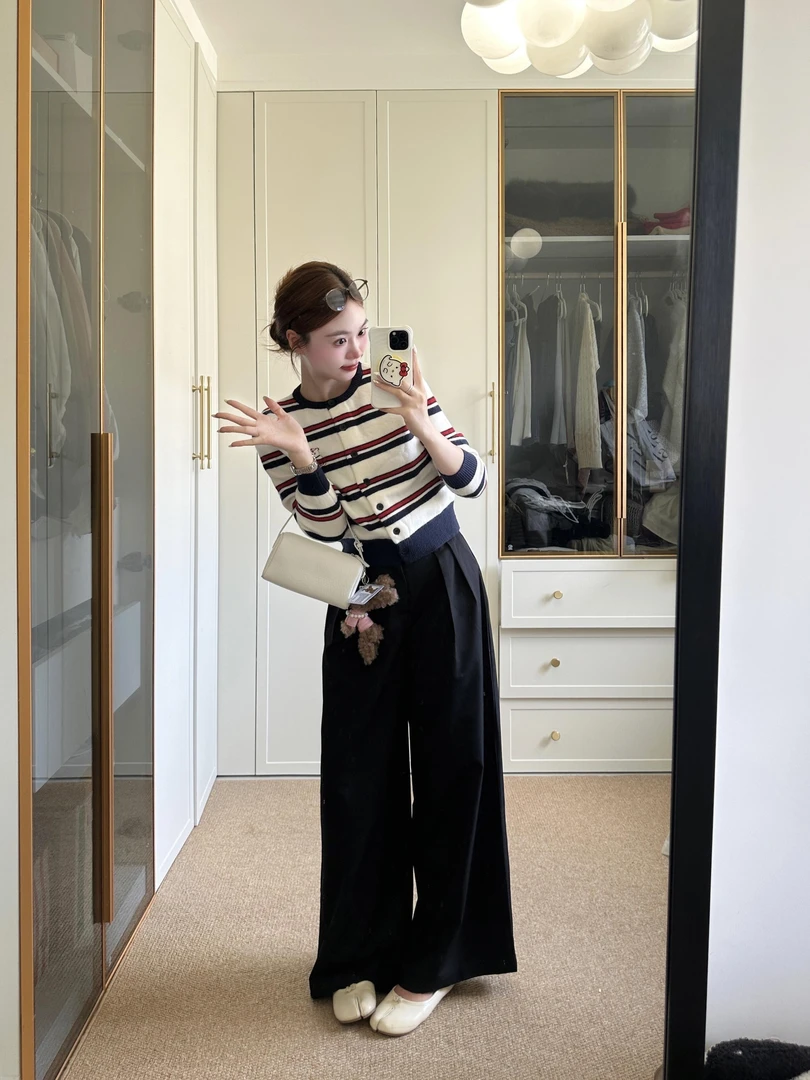 2025秋季新款韩系通勤穿搭条纹针织衫上衣高腰显瘦阔腿裤两件套女