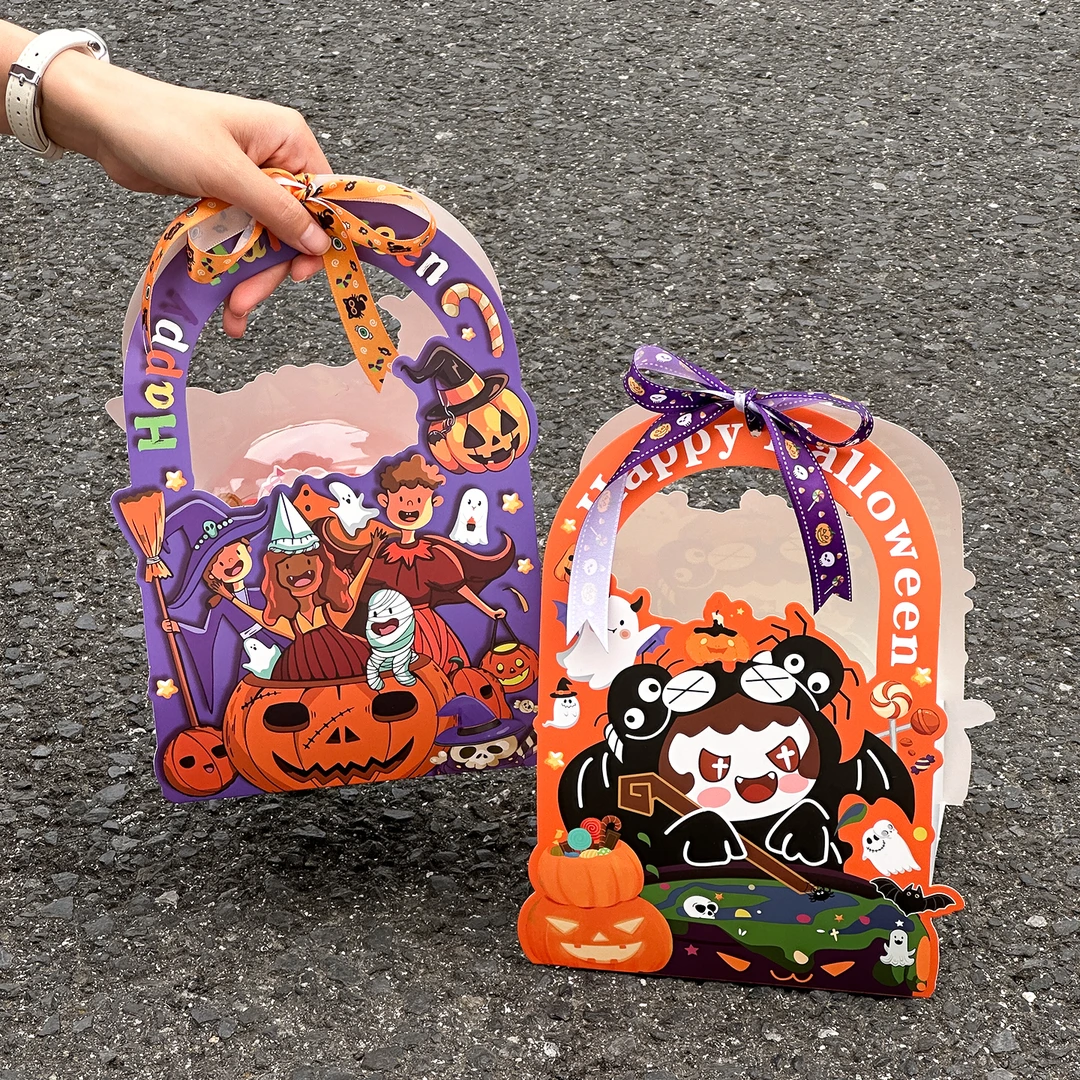 2025万圣节慕斯球手提蛋糕装饰包装盒卡通南瓜船蜘蛛怪甜品包装盒