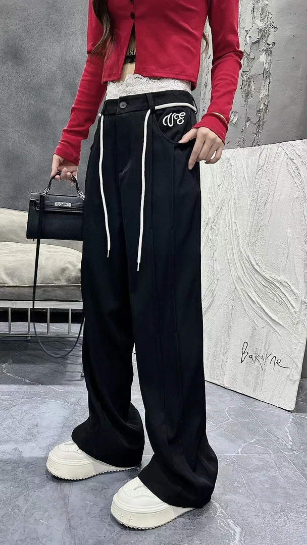 新款蕾丝拼接可拆卸西裤显瘦直筒时尚ins女款休闲裤071百搭潮流